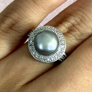 sterling silver grey cultured pearl & diamond halo ring size 6
